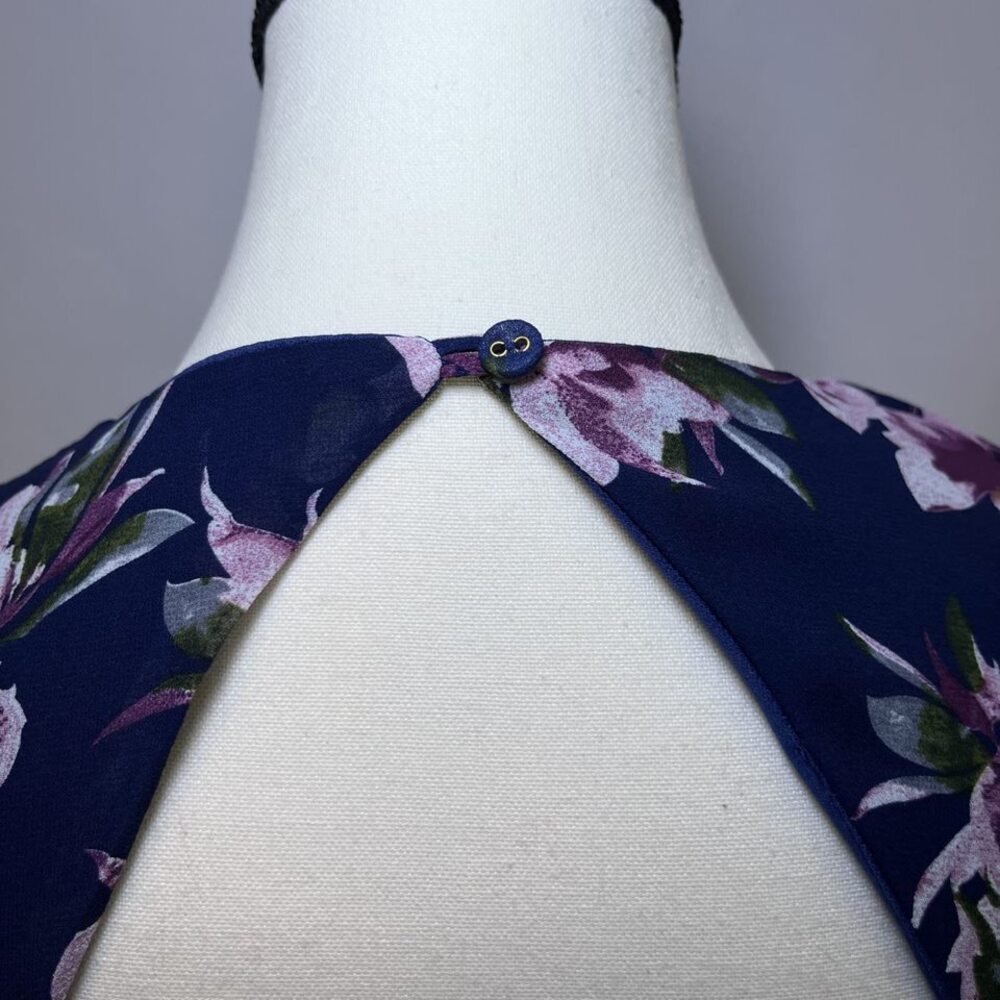Essue crop top sheer flounce sleeve dark blue pink purple womens M - Picture 7 of 16